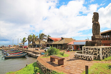 Plaza Hotu Matua square at Hanga Roa, the main town and harbour of Easter Island, Chile, South America