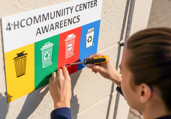 Installing community center recycling awareness sign for sustainable future