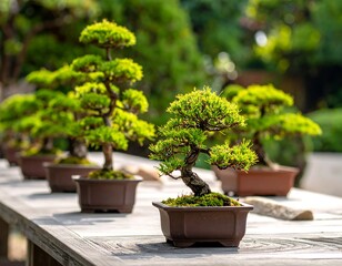 Close-up of potted bonsai trees arranged on a wooden table, with foliage in focus