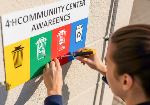Installing community center recycling awareness sign for sustainable future
