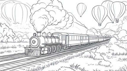 Steam train journey, scenic landscape, hot air balloons, countryside travel illustration