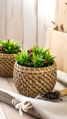 Close-up of potted plants with red berries, featuring woven pot, shovel, and wood background