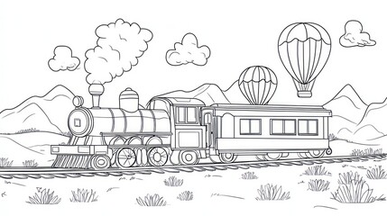 Train with cars on rails, with two balloons and mountains in background, for coloring