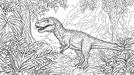 Dinosaur in jungle, illustration for coloring or educational uses with foliage background