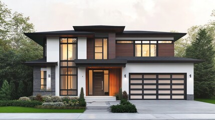 Modern house with black trim, wood siding and garage in a suburban area, use real estate