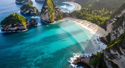 Aerial view of a stunning turquoise bay with sandy beach, rock formations, and lush greenery