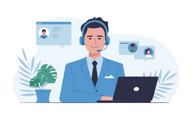 Friendly customer service representative helping clients online with laptop, providing support and solutions in a modern office setting, feeling professional