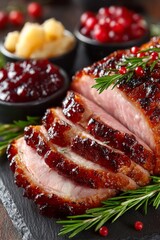 Juicy roasted Thanksgiving ham, perfectly glazed and carved, with tender slices tumbling onto a serving dish.
