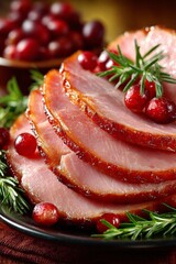Thanksgiving Ham: A close-up of a carved juicy roasted thanksgiving ham, with the slices falling onto a serving platter. Glazed ham.	