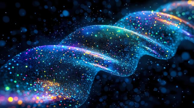 Glowing wave of colorful particles flowing on dark background, abstract digital art with sparkles and bokeh lights creating futuristic motion effect.