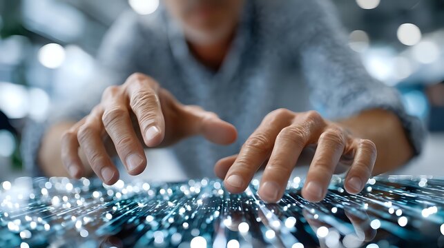 Senior Asian man typing on illuminated keyboard with fiber optic light effects, showcasing digital technology interaction in modern office environment.