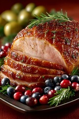 Thanksgiving Ham: A close-up of a carved juicy roasted thanksgiving ham, with the slices falling onto a serving platter. Glazed ham.	