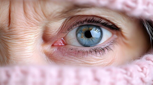 Close-up of blue eye with wrinkles surrounded by soft pink fabric, showing aging skin texture and detail for healthcare or beauty concepts. - Powered by Adobe