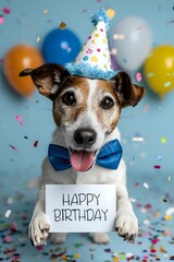Fototapeta premium Cute Jack Russell terrier dog wearing party hat and bow tie holding birthday sign with colorful balloons and confetti background for celebration greeting cards.