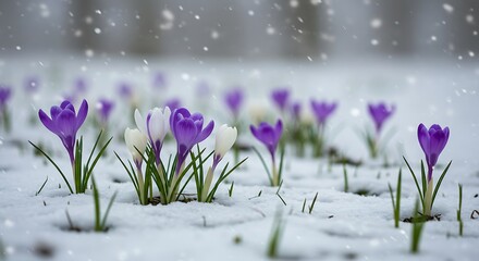 Close-up of purple and white crocuses blooming in snow, with falling snowflakes