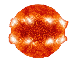 A vibrant fiery sun with prominent solar flares erupting from its surface isolated on transparent background