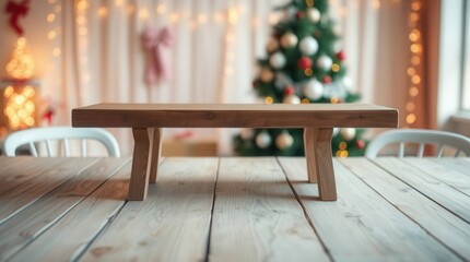 Wooden table christmas tree holiday season celebration festive background product display mockup interior design home decor