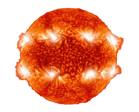 A vibrant fiery sun with prominent solar flares erupting from its surface isolated on transparent background