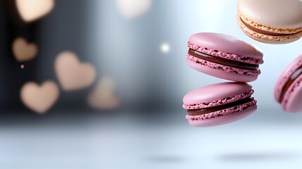 Pink and beige macarons floating against blurred bokeh background with heart shapes, perfect for food blogs and dessert promotions.
