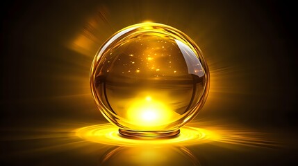 Glowing crystal ball emitting magical golden light rays against dark background, mystical fortune telling sphere with supernatural illumination and ethereal atmosphere.