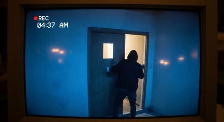 Burglar seen on security camera breaking into a facility early in the morning. Crime prevention and surveillance concept for protection.