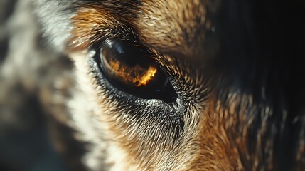 Extreme close-up of dog eye with amber iris reflecting light, showing detailed fur texture in brown and black tones around the eye area.