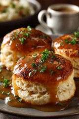 Golden brown Thanksgiving biscuits with thick light brown gravy drizzle. 