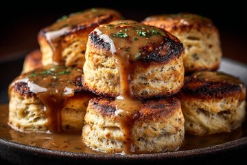 Thanksgiving biscuits and gravy with thick light brown gravy drizzle. 