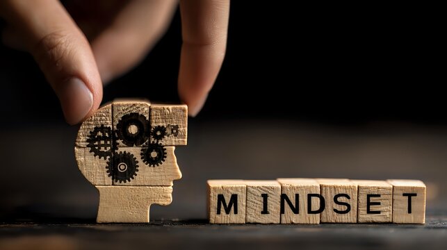 Human hand placing wooden gear pieces into head silhouette puzzle next to wooden blocks spelling MINDSET against dark background.