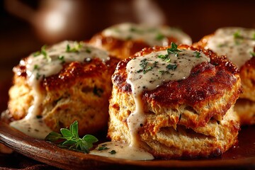 Golden brown Thanksgiving biscuits with thick light brown gravy drizzle. 