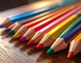 Close-up of rainbow-colored pencils on a wooden surface, showing lead and wood details