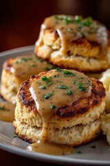 Traditional Thanksgiving biscuits with thick light brown gravy drizzle. 