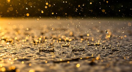 Close-up of raindrops hitting a surface, creating ripples, illuminated by golden light