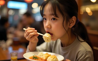 Chinese woman eating at Shanghai restaurant Xiao long bao / xiaolongbao soup dumplings typical food China travel vacation. Asia tourist girl eating Shanghainese steamed dumpling buns with chopsticks.