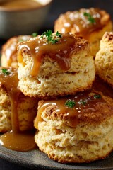 Golden brown Thanksgiving biscuits with thick light brown gravy drizzle. 