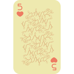 Pale Yellow Playing Card Five of Hearts with Delicate Rose Vine Pattern and Transparent Background