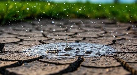 Close-up of raindrops hitting parched earth, creating splash and ripples. Green grass visible