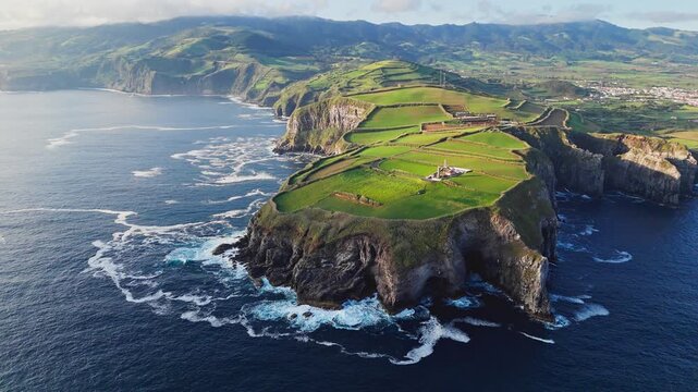 Aerial drone view of rocks coastline with lighthouse in Sao Miguel island Azores. Cliffs of San Miguel Acores island. Aerial view of Atlantic ocean coastline