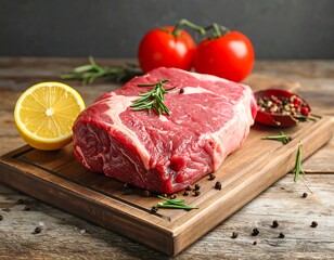 Close-up of raw beef steak on a wooden cutting board with tomatoes and seasonings