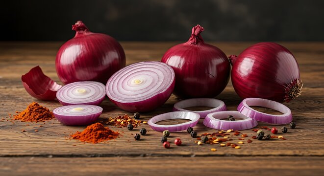 Close-up of raw red onions and their slices, scattered spices on a wooden surface - Powered by Adobe