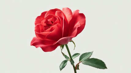 Single vibrant red rose in full bloom on clean white background for romantic valentine’s day floral celebration and love concept