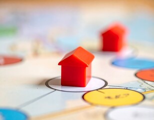 Close-up of red plastic houses on a board game, with blurred background details