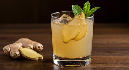 Close-up of refreshing beverage, garnished with ginger slices and mint leaves, ice cubes