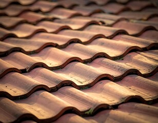 Close-up of reddish-brown clay roof tiles, wavy pattern, detail, architecture, outdoor