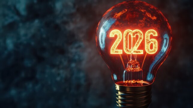 Glowing light bulb with 2026 inside, symbolizing future innovation and bright ideas for the year