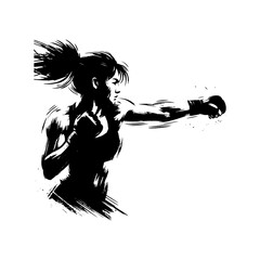 Female Boxer Punching, Black and White Illustration