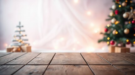 Christmas tree holiday season celebration festive winter xmas decoration ornament gift present background wood tabletop bokeh lights