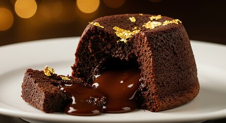 Close-up of rich, decadent chocolate lava cake with gold leaf, flowing center on white plate