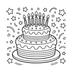 Birthday cake with candles and stars in black and white vector style