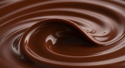 Close-up of rich, glossy melted dark chocolate swirling, creating elegant curves